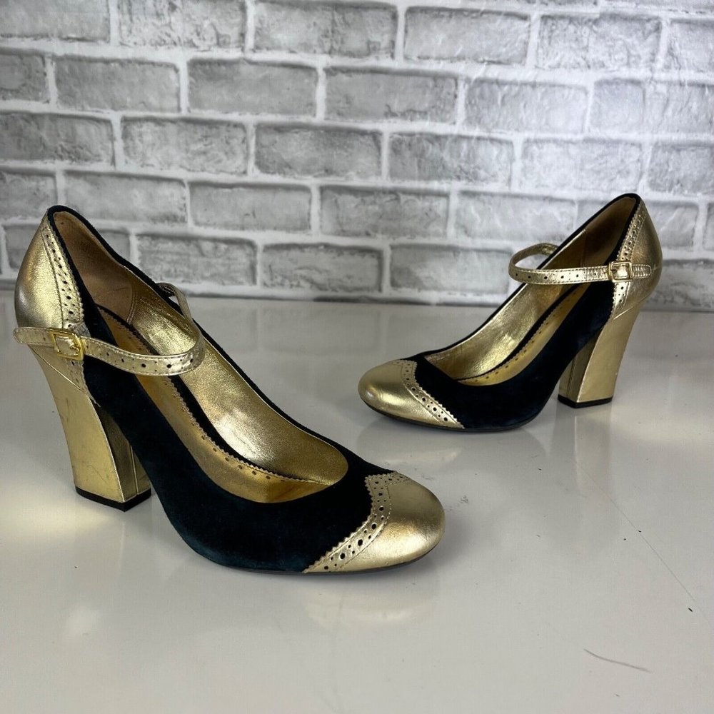 VTG COACH Rosaria Cap Toe Mary Jane Block Heels Black Gold Leather Women US 8.5